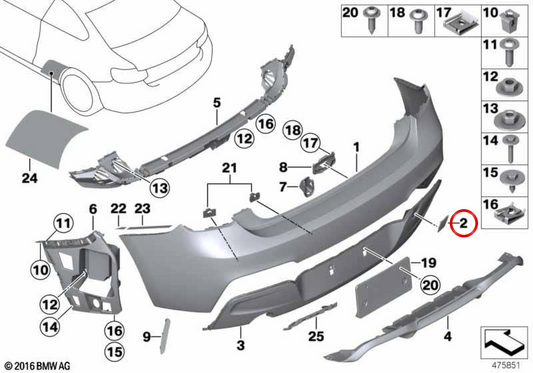 Tampa do gancho de reboque OEM 51128053826 para BMW F20, F21. BMW genuíno.
