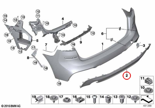Incoraggia il coperchio per il paraurti posteriore OEM 51128058869 per BMW F46. BMW originale.