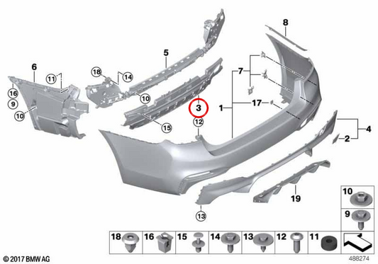 Soporte del sistema de escape OEM 51128069486 para BMW F90. Original BMW.