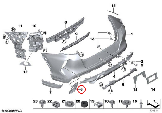 Soporte de reflectante trasero derecho OEM 51128076404 para BMW F96. Original BMW.