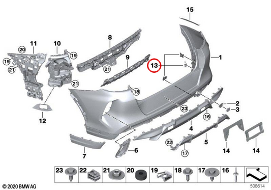 Soporte sensor PDC/PMA trasero exterior OEM 51128081639 para BMW F96. Original BMW.