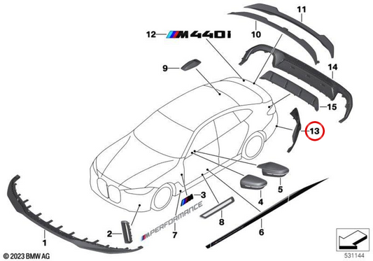 Embellose Right Heck Stoßstange OEM 51128081712 für BMW G26 (420d, 420d XDrive, 420i, 430d XDrive). Original BMW.