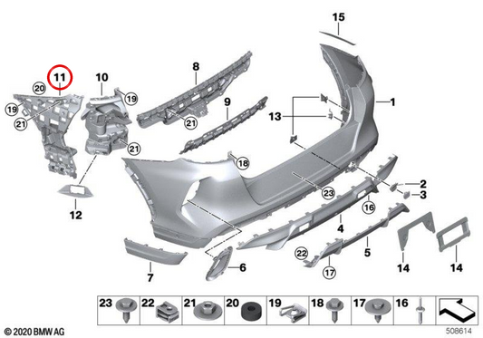 Suporte para pára-choque traseiro esquerdo OEM 51128086213 para BMW F96. BMW genuíno.