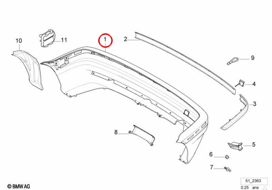 OEM 51128146458 Moulage du pare-chocs arrière pour BMW E36 (316i, 318i, 320i, 323i, 325i, 328i, M3, compact, Coupé, Berlina, Touring, Cabrio). BMW d'origine.