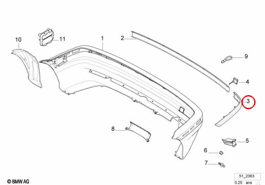 Right side molding OEM 51128146706 for BMW E36 (316i, 318i, 318is, 320i, 323i, 325i, 328i, m3). Original BMW.