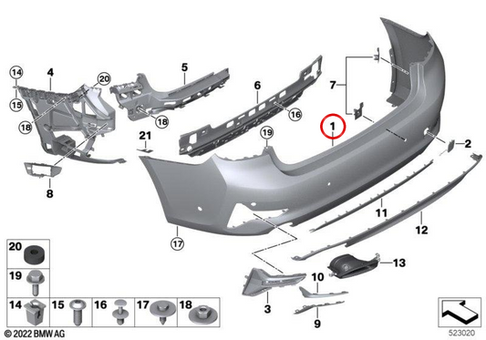 Pára-choque traseiro preparado OEM 51128493938 para BMW G20. BMW genuíno.