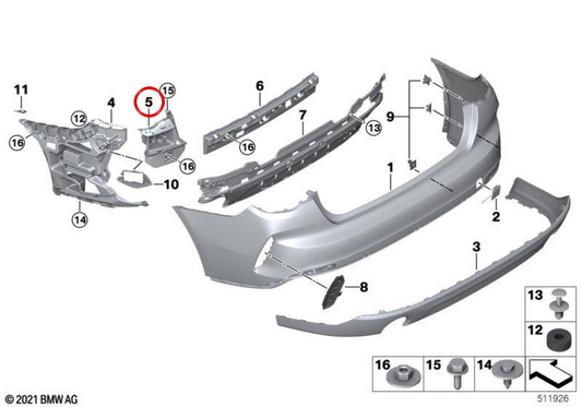 OEM 51128737093 Suporte de canto do para-choque traseiro esquerdo para BMW G26. BMW genuíno.
