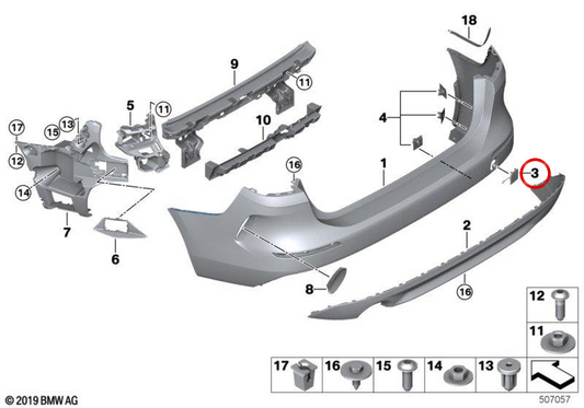 Tapa gancho remolque trasero imprimada OEM 51129464157 para BMW F44. Original BMW.