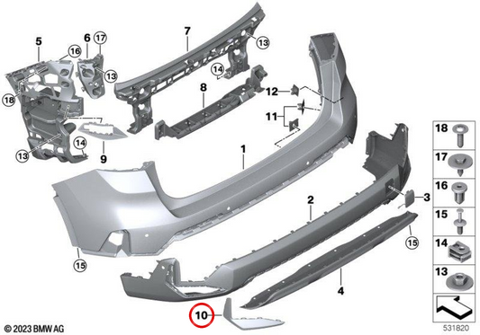 Rivestimento paraurti posteriore sinistro OEM 51129883529 per BMW X1 U11, X1L U12. BMW originale.