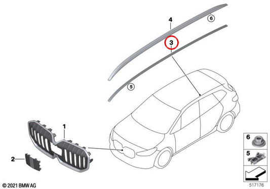 Moldura de acabamento do teto direito OEM 51135A1A444 para BMW U06. BMW genuíno.