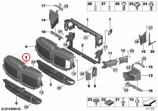 Rejillas de aire superiores OEM 51135A21A99 para BMW G11, G12. Original BMW.