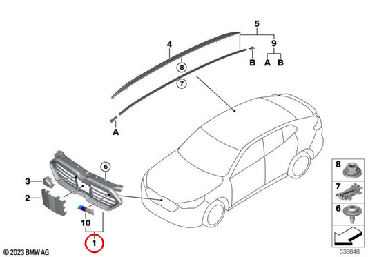 Rejilla decorativa frontal OEM 51135A35BB9 para BMW X1 U10. Original BMW.