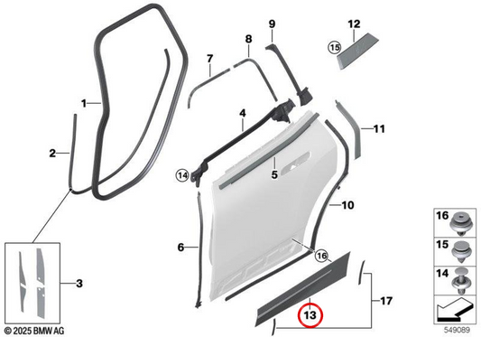Moldura da porta traseira direita OEM 51135A3D568 para BMW iX (I20). BMW genuíno.