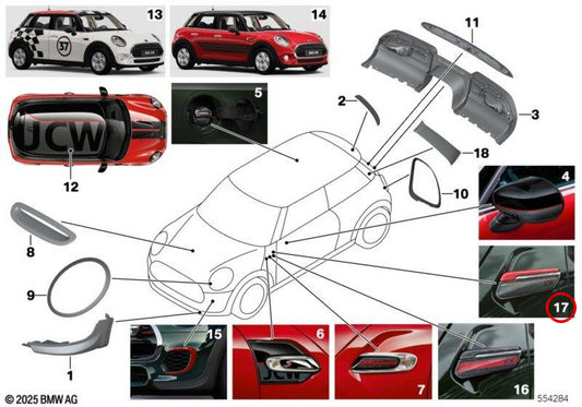 Conjunto de acabamento lateral OEM 51135A65C47 para MINI F56 LCI, F56 BEV LCI, F55 LCI, Cabrio F57 LCI. MINI originais.