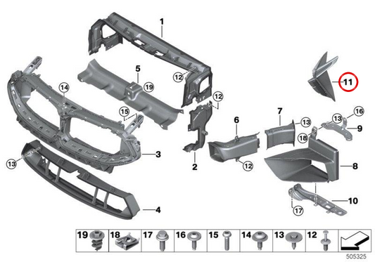 Toma de aire derecha OEM 51135B3AE26 para BMW F91, F92, F93. Original BMW.