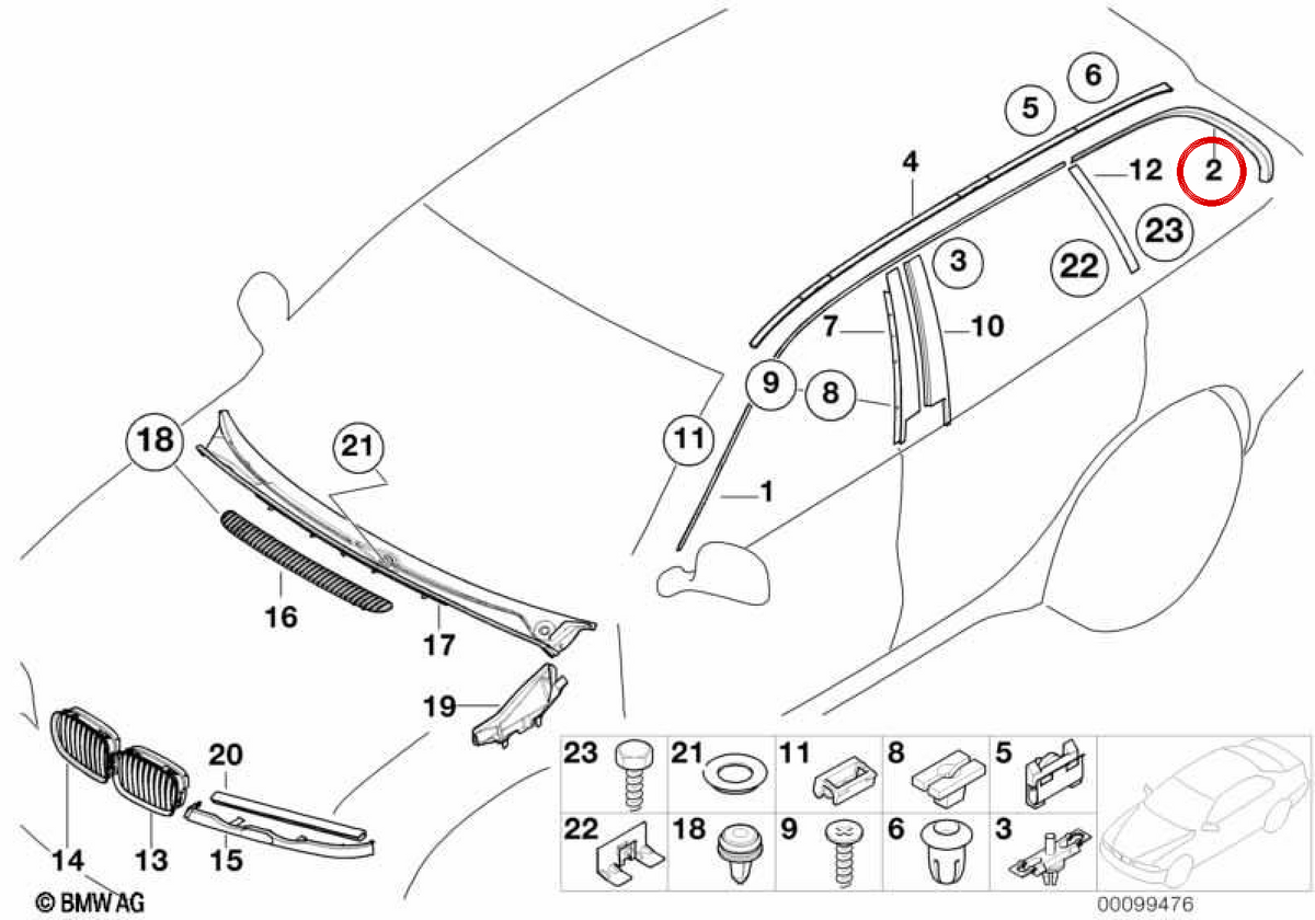 OEM 51137000517 Rear Ceiling Gutter Mold for BMW E46. Original BMW.