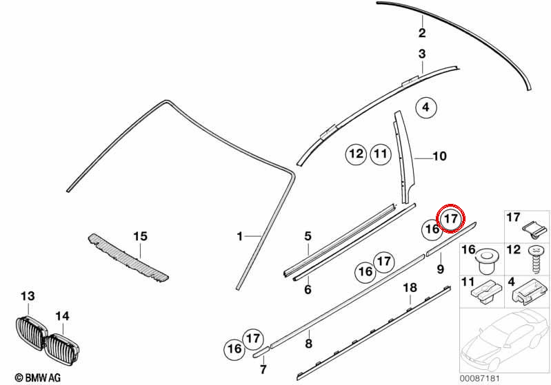 OEM fixing clip 51137027764 for BMW 3 E46 series (316TI, 318i, 320i, 325i, 330i ... and more). Original BMW.