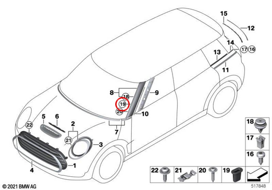 Boquilla exterior OEM 51137127001 para MINI F54 Clubman, F55, F56, F57 Cabrio, F60 Countryman, R52, R60, R61… y más. Original MINI