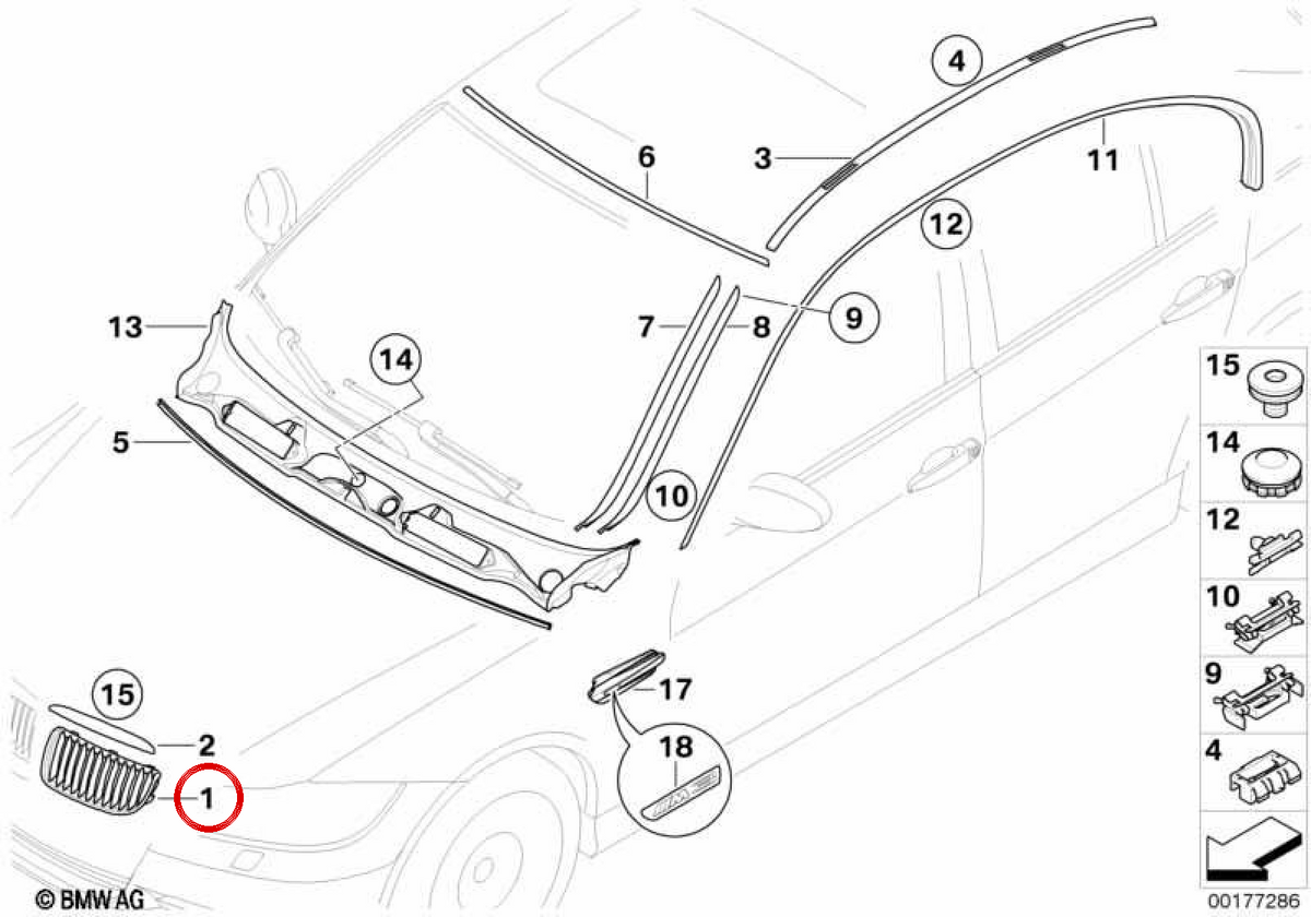 Grade cromada esquerda OEM 51137157275 para BMW E90, E92, E93. BMW genuíno.