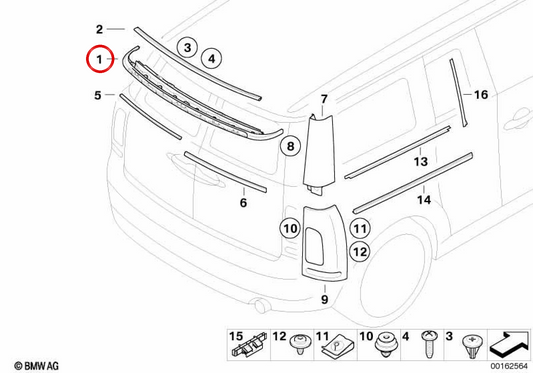 Moldura de acabamento do teto traseiro OEM 51137168087 para MINI Clubman R55, R55 LCI. MINI originais.