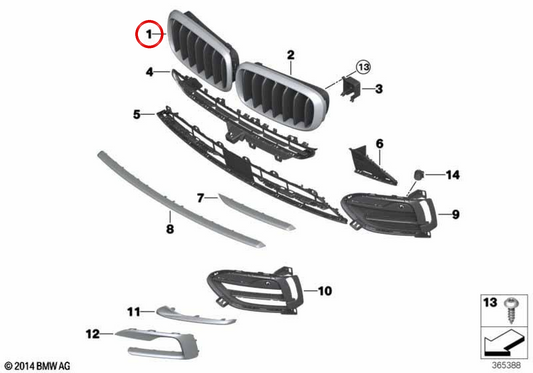 Rechte dekorative Gitter 51137349388 für BMW F16. Original BMW.