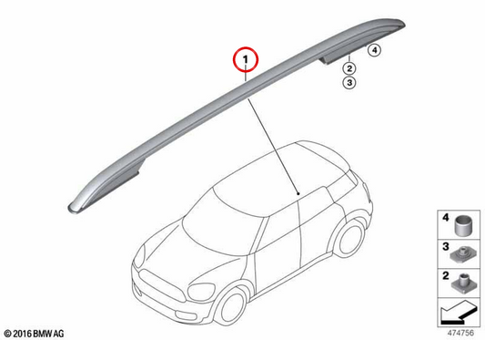 Canela esquerda do teto OEM 51137389975 para MINI Countryman F60, F60 LCI. MINI originais.