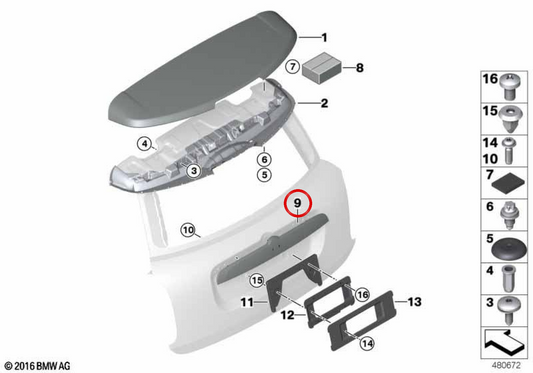 Apoio exterior cromado da tampa da mala OEM 51137391240 para MINI Countryman F60, F60 LCI. Original MINI.