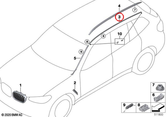 Moldura de techo derecha OEM 51137399026 para BMW G01, G08, F97. Original BMW.