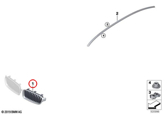 Grade decorativa dianteira esquerda para BMW Série 3 F30N, F31N (OEM 51137405835). BMW genuíno