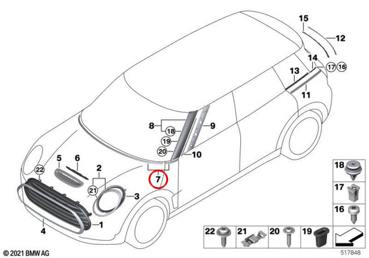 Hood and fin trim molding OEM 51137444535 for MINI Clubman F54, F54 LCI. Original MINI.