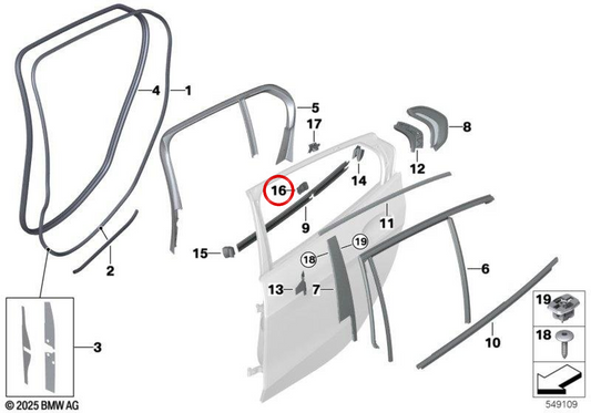 Sellado de moldura puerta trasera izquierda OEM 51137452433 para BMW F40. Original BMW.