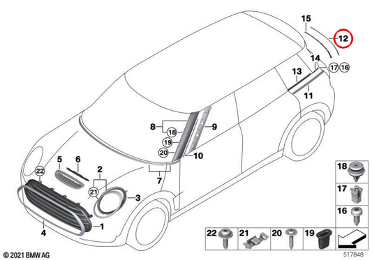 Listón de adorno Splitdoor trasera derecha OEM 51137473264 para MINI Clubman F54, F54 LCI. Original MINI.
