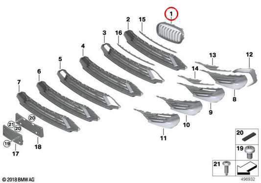 Rejilla embellecedora delantera derecha OEM 51137483702 para BMW F45. Original BMW.