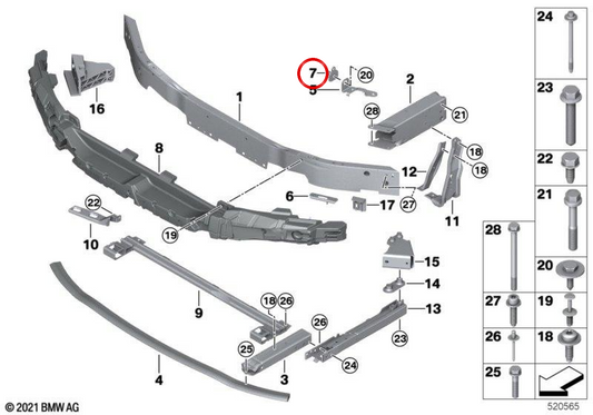 Suporte de fixação OEM 51137492075 para BMW F40 e F44. Compatível com os modelos 116d, 116i, 118d e 118i. BMW genuíno.