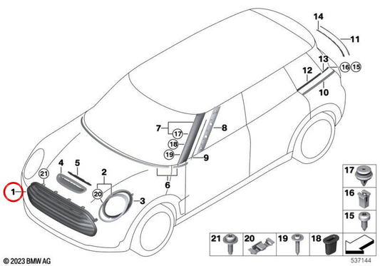 Grade decorativa do capô dianteiro OEM 51137498333 para MINI Clubman F54 LCI (06/2018 - 02/2024). MINI originais.