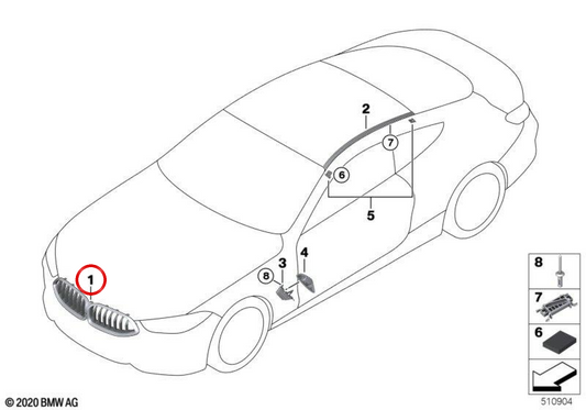 Rejilla embellecedora frontal OEM 51137930647 para BMW G14, G15, G16. Original BMW.