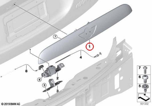 Agarradeira da tampa da mala cinzenta com manípulo OEM 51137954061 para MINI Cooper SE F56 (XP31, XP32) 2019-2021. Original MINI.