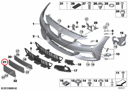 Soporte para matrícula OEM 51138054527 para BMW F32, F33, F36. Original BMW.