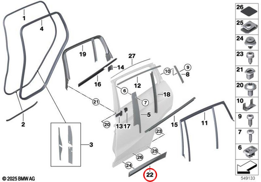 Moldura de para-choques imprimada porta traseira esquerda OEM 51138098811 para BMW X3 G01, iX3 G08. Original BMW.