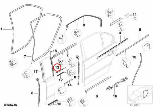 Outdoor seal of the OEM right window channel 51138222528 for BMW E38. Original BMW.