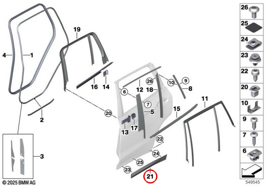 Listão de proteção porta traseira direita Luxury Line OEM 51139450114 para BMW X3 G01 18d, 20dX… e mais. Original BMW.