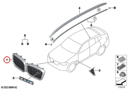 Rejilla embellecedora frontal OEM 51139501172 para BMW F98, F97. Original BMW.