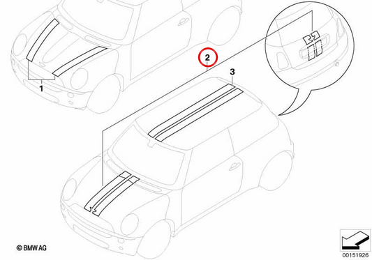 Set of silver decorative stripes for bonnet and tailgate OEM 51140434973 for MINI Clubman R55, R55 LCI Cooper and Cooper S. Original MINI