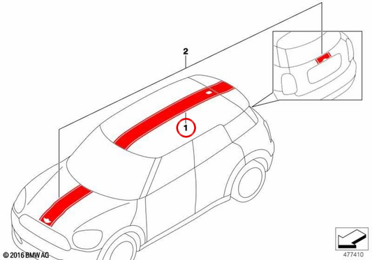 Black roof sport stripe kit OEM 51142414407 for MINI Countryman F60, F60 LCI, standard or glass roof. Original MINI.
