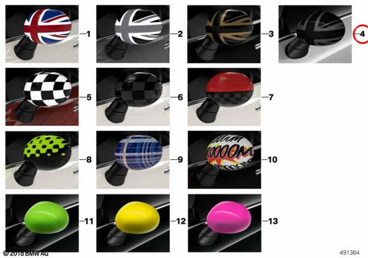 Linke Rückspiegelabdeckung RHD „Night Jack“ OEM 51142459027 für MINI F56, F55, Clubman F54, Cabrio F57, Countryman F60. Originaler MINI.