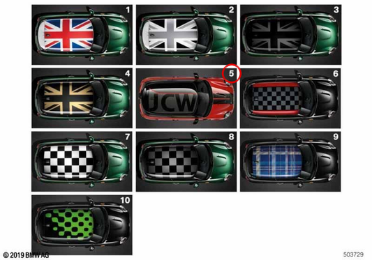 John Cooper Works black roof decal OEM 51142459035 for MINI F56, F56 LCI, F56 BEV, F56 BEV LCI Cooper... and more. Original MINI