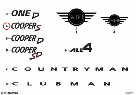 Emblema posteriore COOPER S Piano Black OEM 51142465245 per MINI R56, F56, F55, Clubman F54, Cabrio R57, Countryman F60... e altro ancora. MINI originale.
