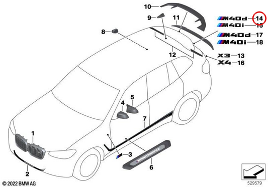 Emblème arrière "M40D" BLACK BRILLO OEM 51142472832 pour BMW X3 G01, G01N. Il offre un style sportif et élégant à l'extérieur du véhicule. BMW d'origine.