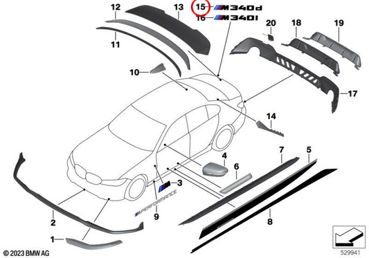 Emblem /// M 340D Black Perfrormance compatible avec BMW 3 G20 Series, G21, 2019-2024. BMW d'origine.