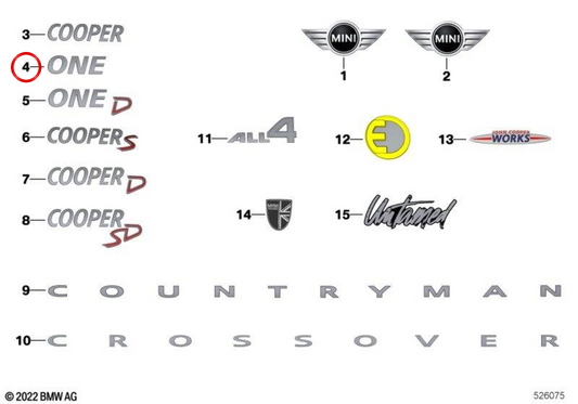 Emblem "One" OEM 51142755615 pour Mini F54, F55, F56, F57, F60, R50, R52, R55, R56, R57, R60. Mini de remplacement d'origine. Idéal pour remplacer ou renouveler l'arrière de la voiture.